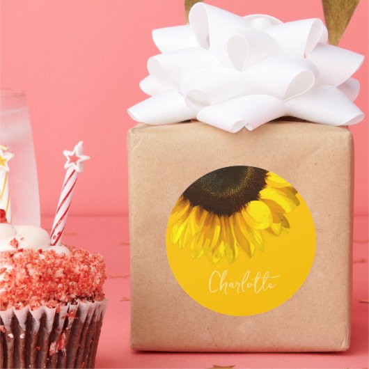 Summertime Yellow Sunflower - Anpassungsname Runder Aufkleber (Party)