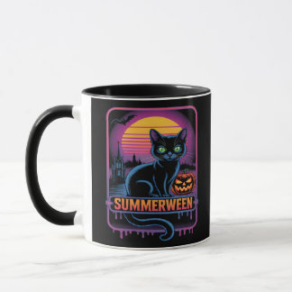 Summerween Black Cat Pumpkin Retro Halloween Art Tasse