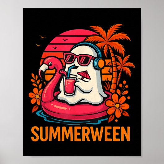 Summerween Funny Ghost Halloween Summer Flamingo B Poster (Vorne)