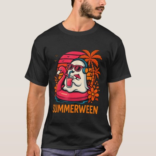 Summerween Funny Ghost Halloween Summer Flamingo B T-Shirt (Vorderseite)