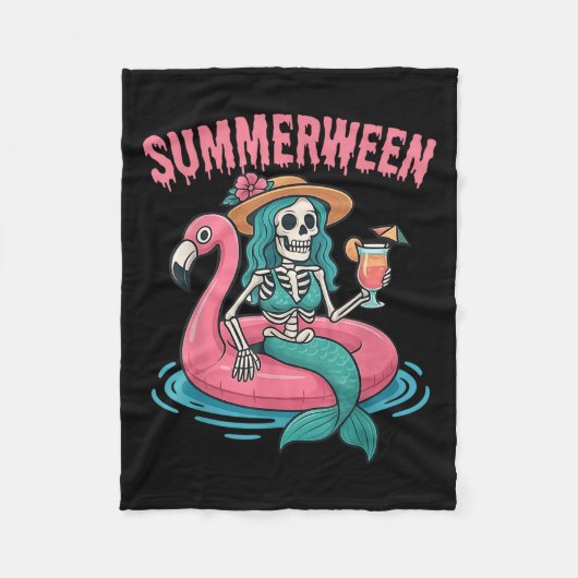 Summerween Mermaid Skeleton Beach Flamingo Hallowe Fleecedecke (Vorderseite)
