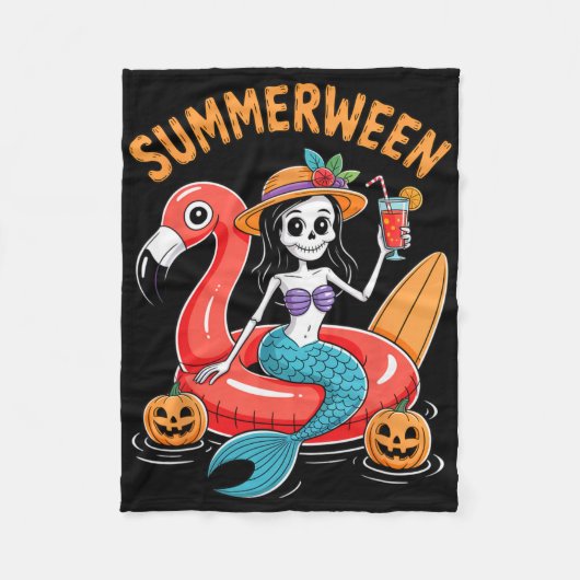 Summerween Mermaid Skeleton Beach Flamingo Hallowe Fleecedecke (Vorderseite)