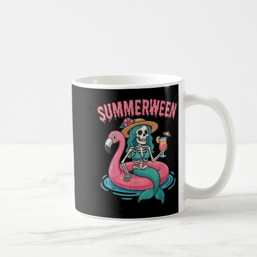 Summerween Mermaid Skeleton Beach Flamingo Hallowe Kaffeetasse (Rechts)