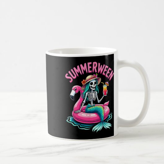 Summerween Mermaid Skeleton Beach Flamingo Hallowe Kaffeetasse (Rechts)