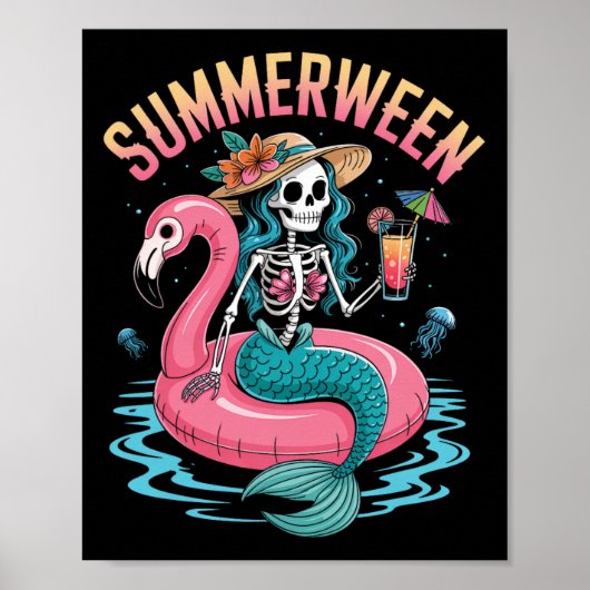 Summerween Mermaid Skeleton Beach Flamingo Hallowe Poster (Vorne)