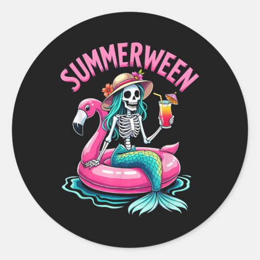 Summerween Mermaid Skeleton Beach Flamingo Hallowe Runder Aufkleber (Vorderseite)