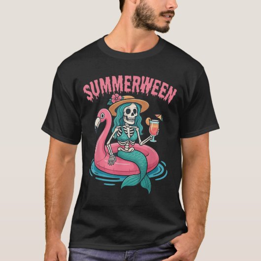 Summerween Mermaid Skeleton Beach Flamingo Hallowe T-Shirt (Vorderseite)
