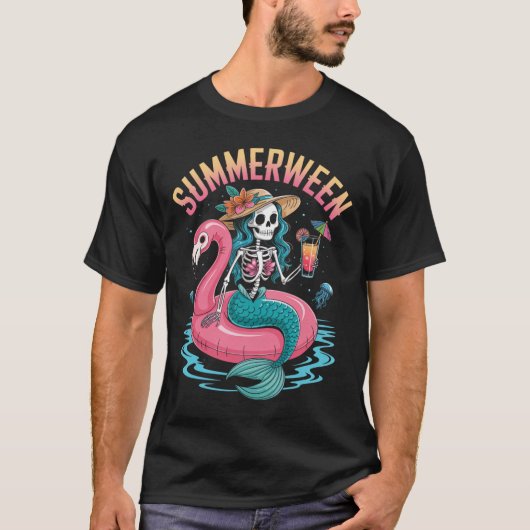 Summerween Mermaid Skeleton Beach Flamingo Hallowe T-Shirt (Vorderseite)