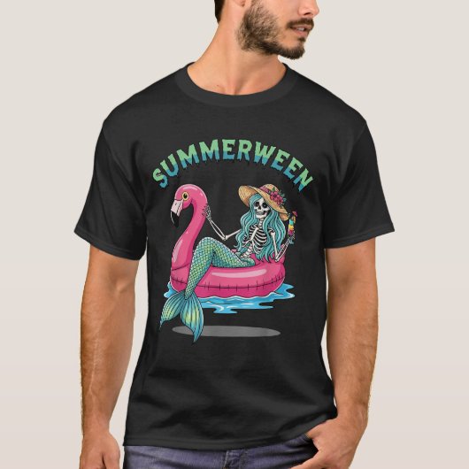 Summerween Mermaid Skeleton Flamingo Float Hallowe T-Shirt (Vorderseite)