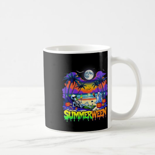 Summerween Skeleton Ghost Beach Funny Spooky Hallo Kaffeetasse (Rechts)