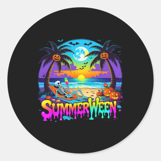 Summerween Skeleton Ghost Beach Funny Spooky Hallo Runder Aufkleber (Vorderseite)