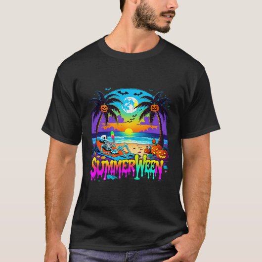 Summerween Skeleton Ghost Beach Funny Spooky Hallo T-Shirt (Vorderseite)