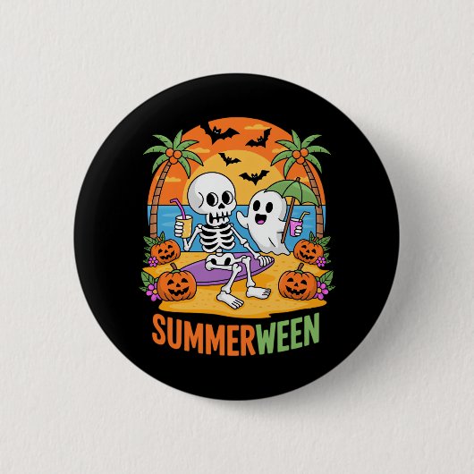 Summerween Skeleton Ghost Beach Halloween-Party Fu Button (Vorderseite)
