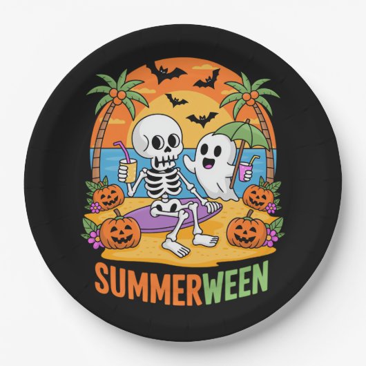 Summerween Skeleton Ghost Beach Halloween-Party Fu Pappteller (Vorderseite)