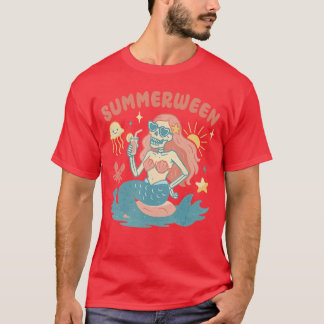 Summerween Skeleton Mermaid Beach Flamingo Hallowe T-Shirt