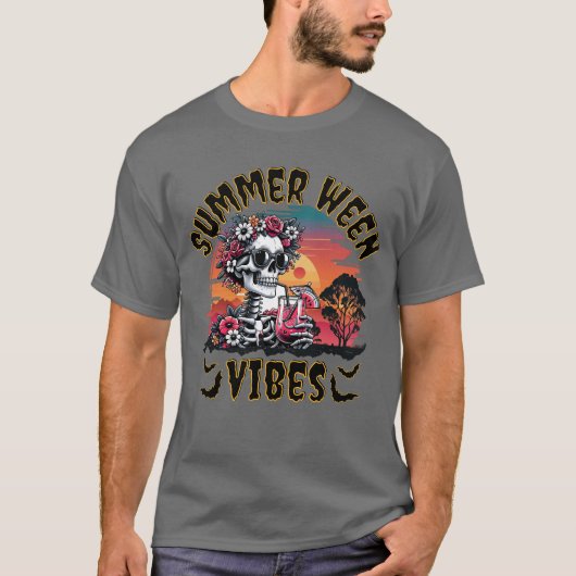 Summerween Skeleton Vibes – Floral Sunset Retro T-Shirt (Vorderseite)