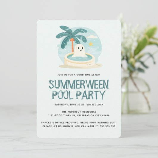 Summerween Summer Pool Garden Halloween-Party Einladung (Stehend Vorderseite)