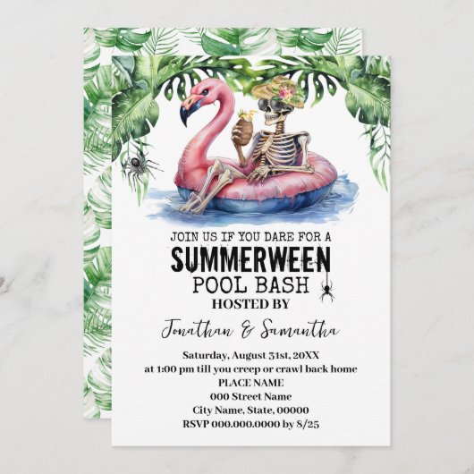 Summerween Tropical Skeleton Pool Party Einladung (Vorne/Hinten)