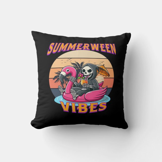 Summerween Vibes Grim Sensenmann Flamingo Float Re Kissen (Vorderseite)