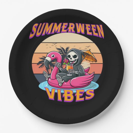 Summerween Vibes Grim Sensenmann Flamingo Float Re Pappteller (Vorderseite)