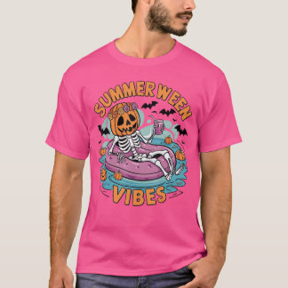 Summerween Vibes Halloween Summer Fun Flamingo Ske T-Shirt