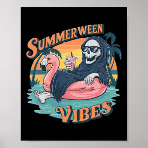Summerween Vibes Skeleton Flamingo Float Summer Ha Poster