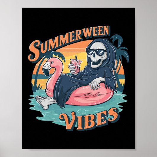 Summerween Vibes Skeleton Flamingo Float Summer Ha Poster (Vorne)