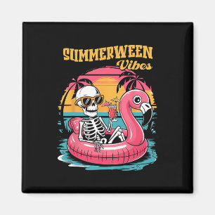 Summerween Vibes Skeleton Flamingo Spooky Hallowee Magnet