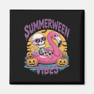 Summerween Vibes Skeleton Flamingo Spooky Hallowee Magnet