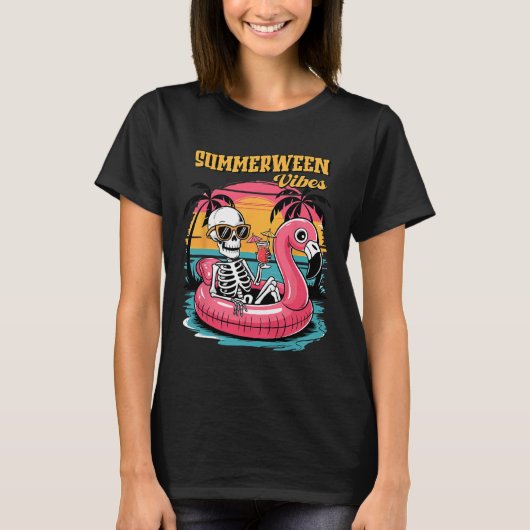 Summerween Vibes Skeleton Flamingo Spooky Hallowee T-Shirt (Vorderseite)