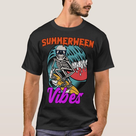 Summerween Vibes Skeleton Spooky Surfing T-Shirt (Vorderseite)