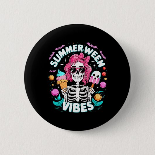 Summerween Vibes Skeleton Spooky Vacation Hallowee Button (Vorderseite)