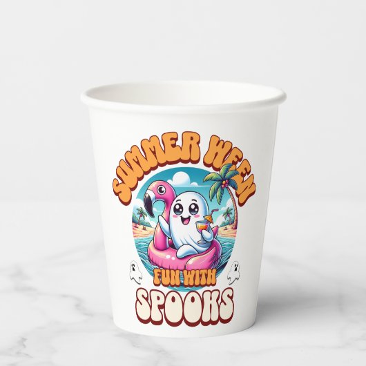 Summerween Vibes Spooky Cute Ghost Flamingo Float Pappbecher (Rückseite)