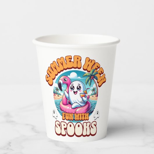 Summerween Vibes Spooky Cute Ghost Flamingo Float Pappbecher (Vorderseite)