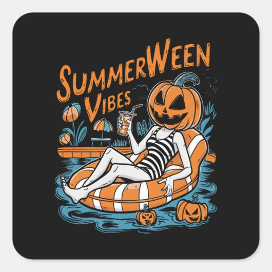 Summerween Vibes Spooky Summer Pumpkin Niedlich Quadratischer Aufkleber (Vorderseite)