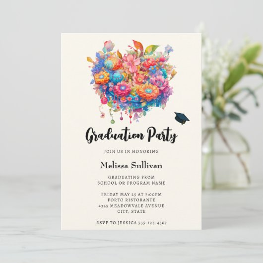 Summery Blume Bouquet Whimsical Boho Abschluss Einladung (Stehend Vorderseite)