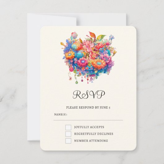 Summery Blume Bouquet Whimsical Boho Wedding RSVP Karte (Vorderseite)