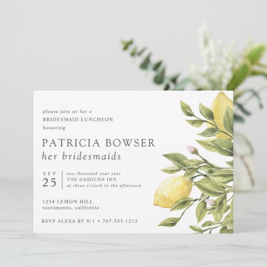 Summery Zitronen Blätter Bridesmaid Luncheon Brauc Einladung (Stehend Vorderseite)