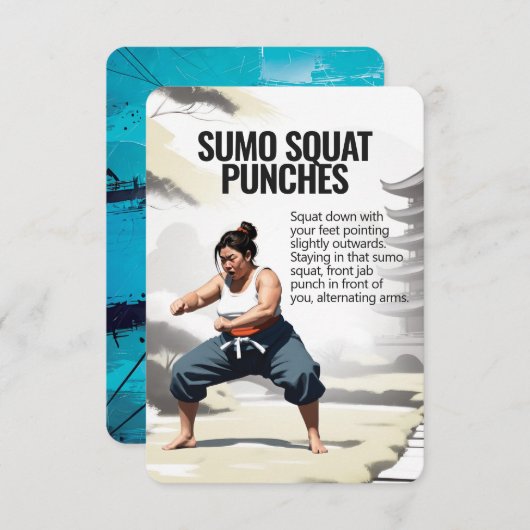 Sumo Squat Punches Fitness Card mit blauer Sicheru Save The Date (Vorne/Hinten)