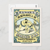 Sumo Wrestlers ~ Vintages japanisches Seidenlabel Postkarte (Vorne/Hinten)
