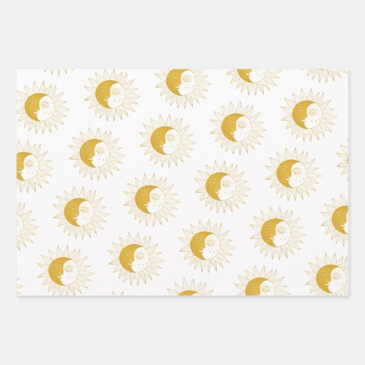Sun and Moon Boho Line Art Golden Varieté Geschenkpapier Set (Vorderseite)