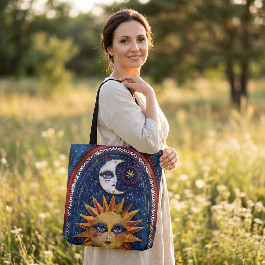 Sun and Moon Tote Bag with Vibrant Celestial Art Tasche