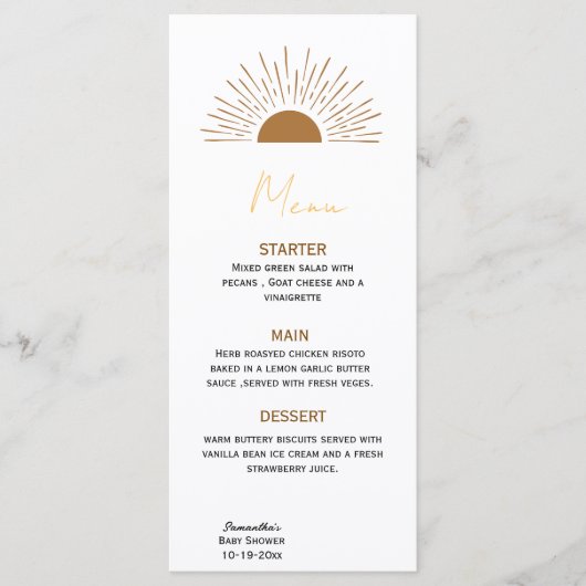 Sun baby Dusche Rustikales Menü Menükarte (Vorderseite)
