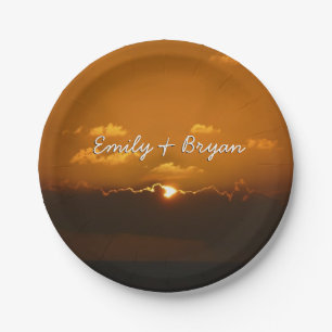 Sun Behind Clouds I Orange Sunset Foto Pappteller