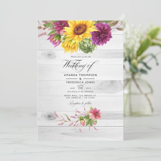 Sun & Burgund QR Code UAWG Rustikale Hochzeit Einladung (Stehend Vorderseite)