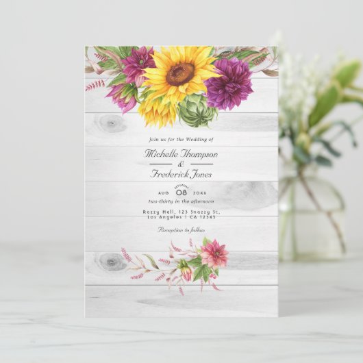 Sun & Burgundy Plum Floral Rustikaler QR Code Hoch Einladung (Stehend Vorderseite)