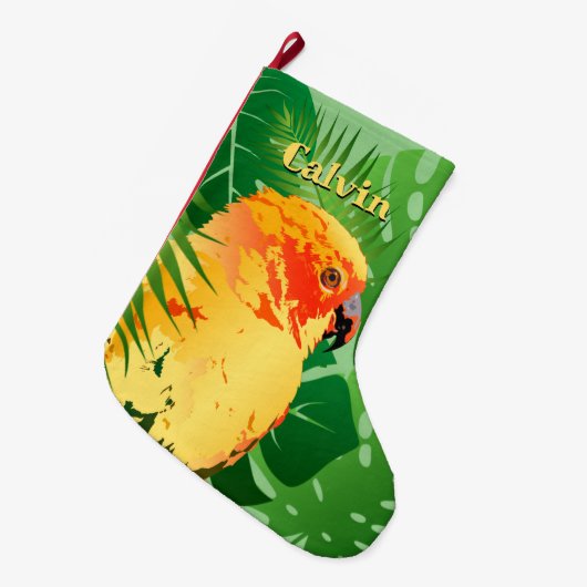 Sun Conure Parrot Pop Art Green Tropical Blätter Großer Weihnachtsstrumpf (Vorderansicht (hängend))