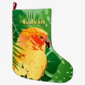 Sun Conure Parrot Pop Art Green Tropical Blätter Großer Weihnachtsstrumpf (Vorderseite)