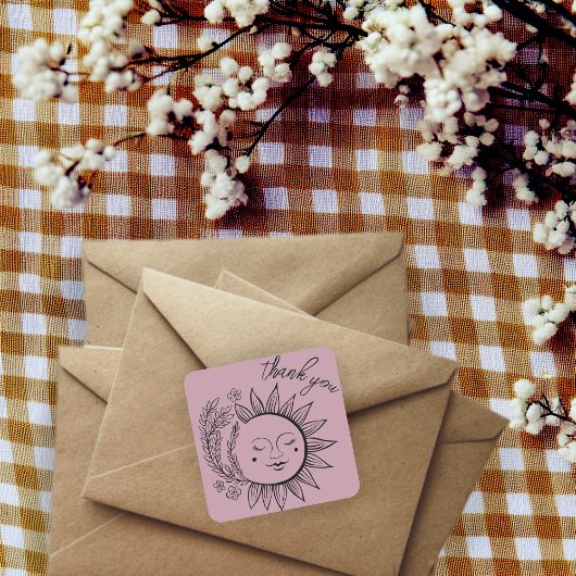 Sun Floral Boho DANK YOU Elegante Chic Dusty Rose Quadratischer Aufkleber