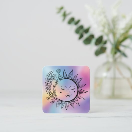 Sun Floral Boho Line Art Elegant QR Code Rainbow Quadratische Visitenkarte (Stehend Vorderseite)